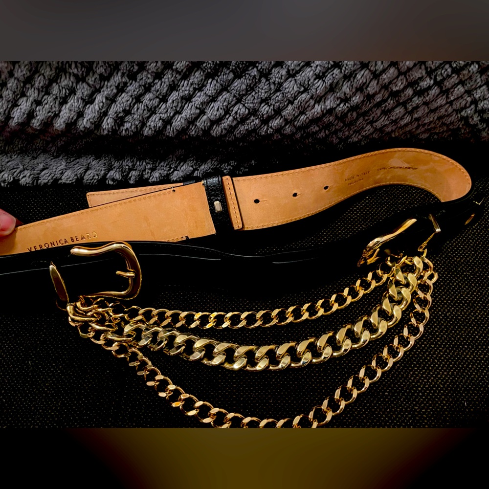 Black leather gold chain belt